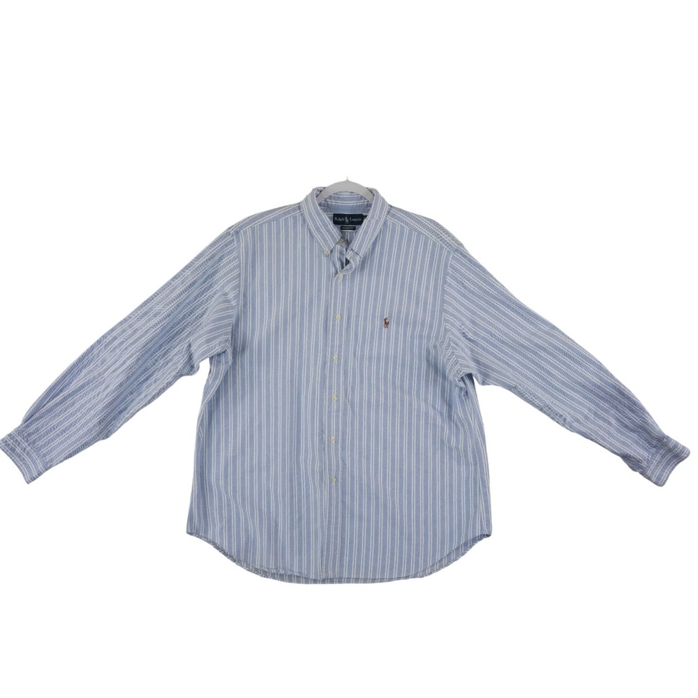 Ralph Lauren 100% Cotton Button Down Shirt Men's Size 17.5 36/37 Blue Stripe Y2K